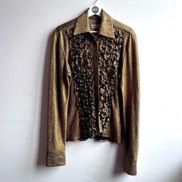 Vintage Designer Metallic Gold Tuxedo Shirt - Picture 1 of 9